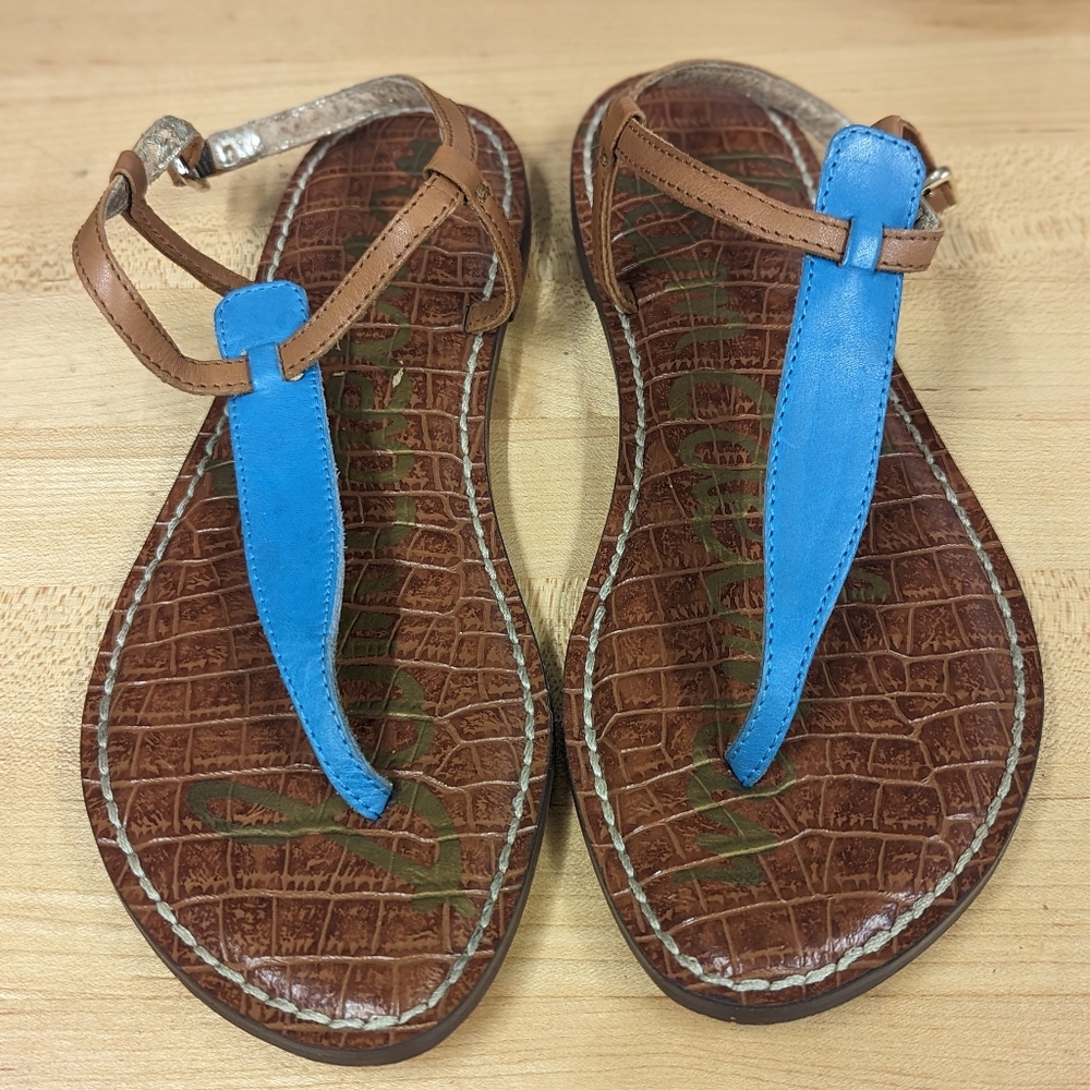 Sam Edelman Sandals Women's GiGi Blue Brown Leather Thong T-Strap Shoes 6.5